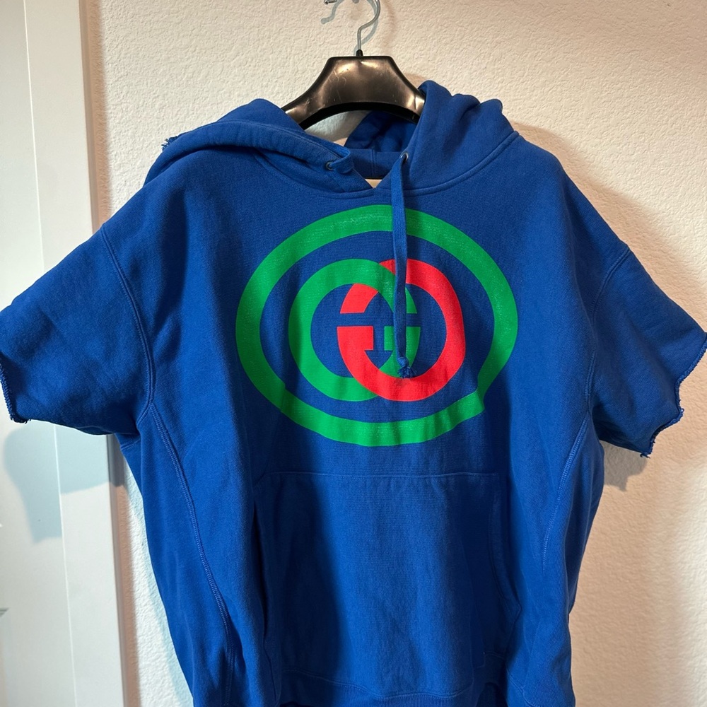 Authentic Men’s Gucci Blue Hoodie with Green and Red Logo